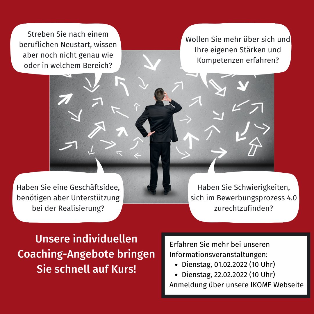 2022 ist das Jahr für Ihren beruflichen Neustart? Unsere individuellen Coachingangebote bringen Ihr Vorhaben schnell auf Kurs!

Erfahren Sie mehr bei unseren Online-Informationsveranstaltungen. ikome.de/weiterbildung/…