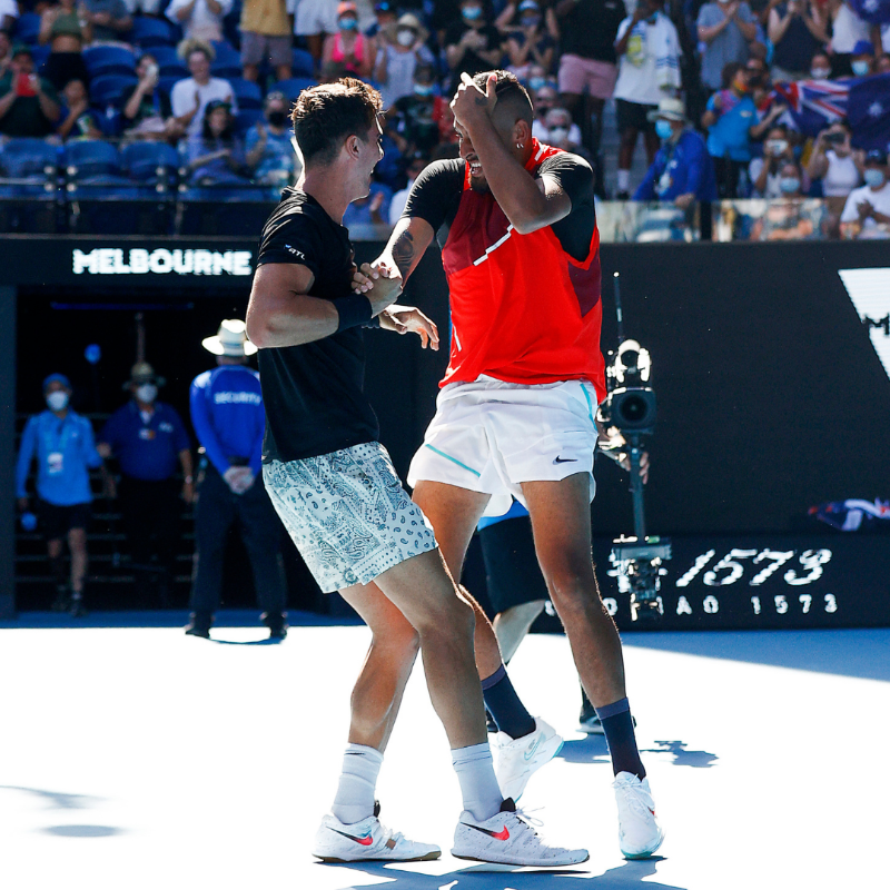 AustralianOpen's tweet photo. Australian wildcards Nick Kyrgios and Thanasi Kokkinakis and countrymen Matt Ebden and Max Purcell each upset seeds and will now face off in the first all-Australian men's doubles final since 1980.

#AusOpen • #AO2022