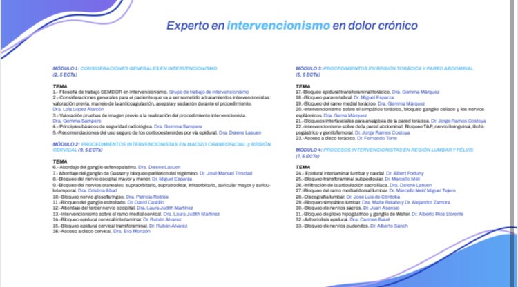 EXPERTO EN INTERVENCIONISMO EN DOLOR CRÓNICO <a href="/semdor/">Amanda Cristina</a> <a href="/lmtorres53/">Luis M Torres</a> 
 
Acreditado por la Universidad Francisco de Vitoria. Título Propio 25 ECTS 
Fecha Inicio: 21 de Marzo de 2022
Fecha finalización: 30 de noviembre de 2022
         Modalidad: ONLINE