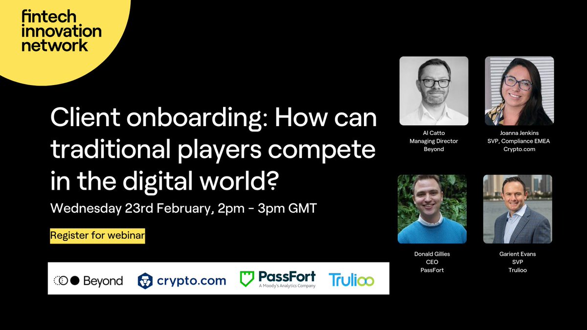 How can #FinancialInstitutions compete with digital players when it comes to #clientonboarding? Join our next webinar to hear the recommendations from experts from <a href="/BeyondFS/">BeyondFS</a> , Crypto.com, <a href="/PassFortKYC/">Passfort, a Moody's Analytics solution</a> , a Moody's Analytics company &amp; <a href="/trulioo/">Trulioo</a>: lnkd.in/eRzYzw2i