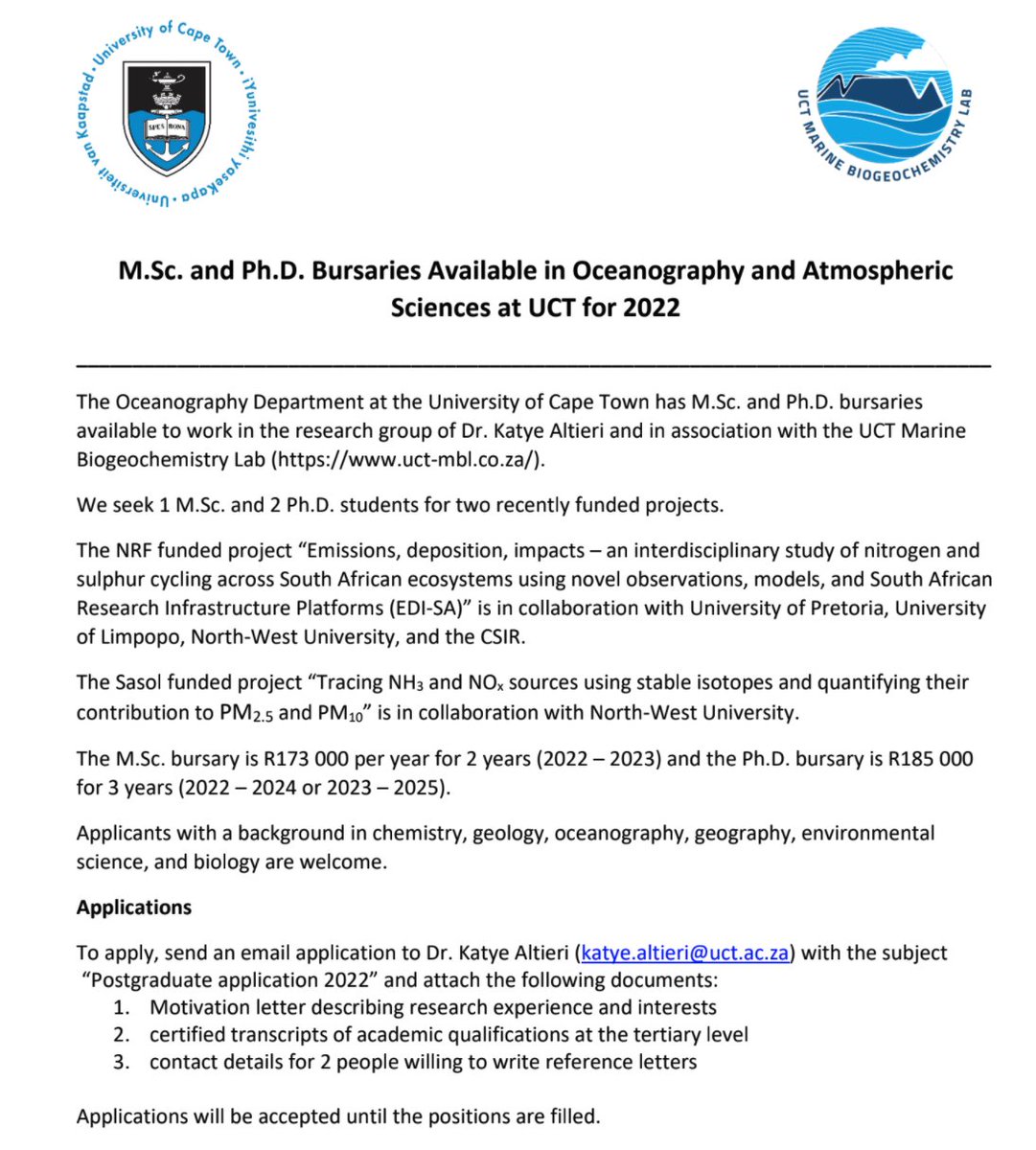 The Altieri Lab has bursaries for #MSc and #PhD students to start at UCT in 2022. If you are interested in nitrogen cycling, atmospheric chemistry, or stable isotopes send Dr Katye Altieri @KatyeAltieri a message!