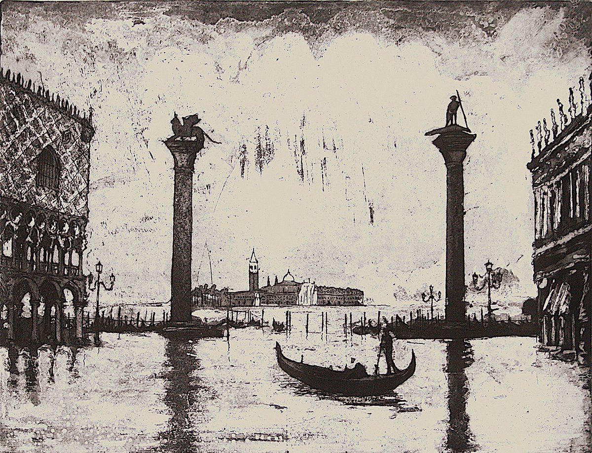 ‘Acqua Alta’ etching &amp; aquatint, 30 x 40 cm. #venice #italy #stmarkssquare #acquaalta #hightide #flood #gondola #etching #print #artoftheday #art #affordableart #artdaily #artforsale #printweek #contemporaryart #contemporayprint #BigArtBoost #draw2live #Draw365 #ArtsDay