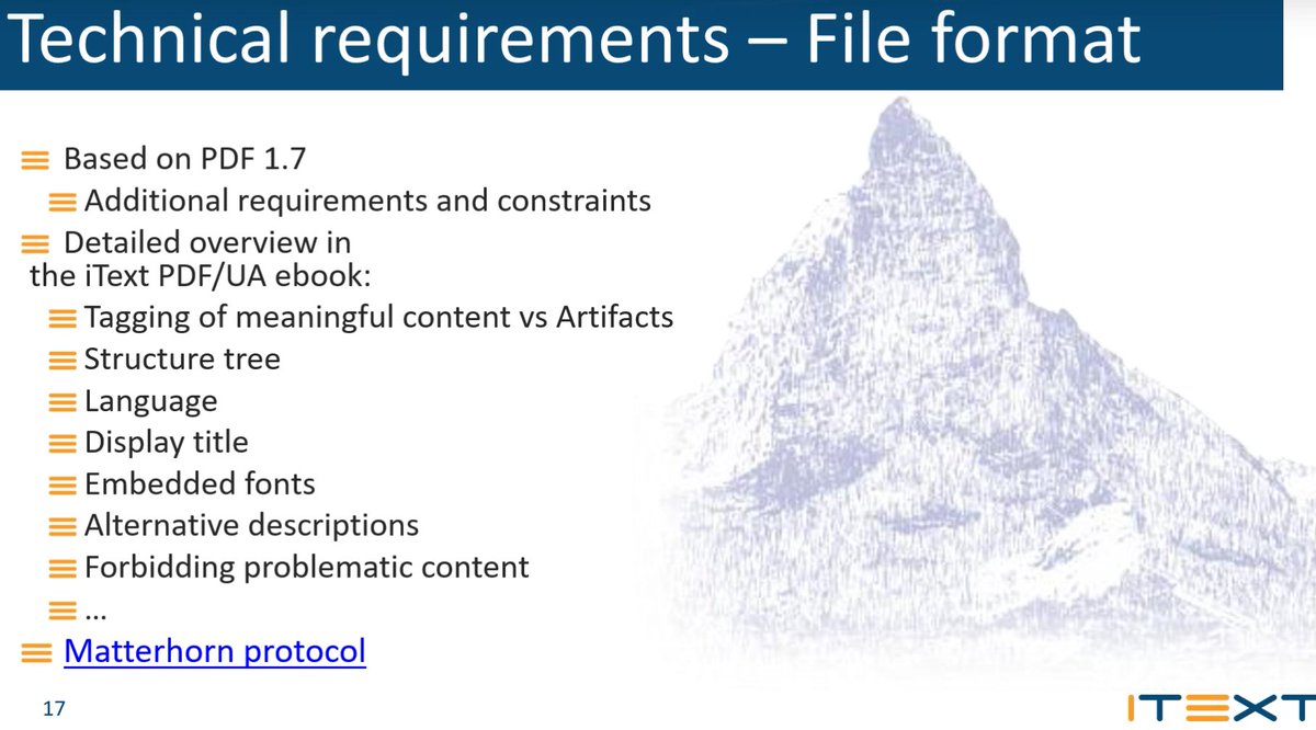 MickyLindlar's tweet image. Attenting the #itext PDF/UA webinar this morning to understand the standard better. helpful broad overview of tech req wihin PDF/UA in screenshot below