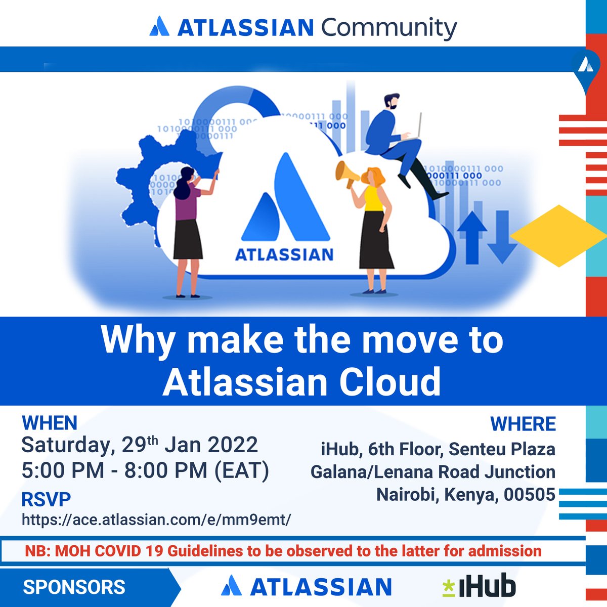 ACNairobi's tweet photo. Why make the move to Atlassian Cloud? At this event, we’re going to talk about the key differences between Atlassian’s on-premise products and Cloud, and why 90% of migrated customers surveyed they’d recommend making the switch. https://t.co/N6rQQ6HQTj #CountdowntoCloud https://t.co/UizHr07rx1
