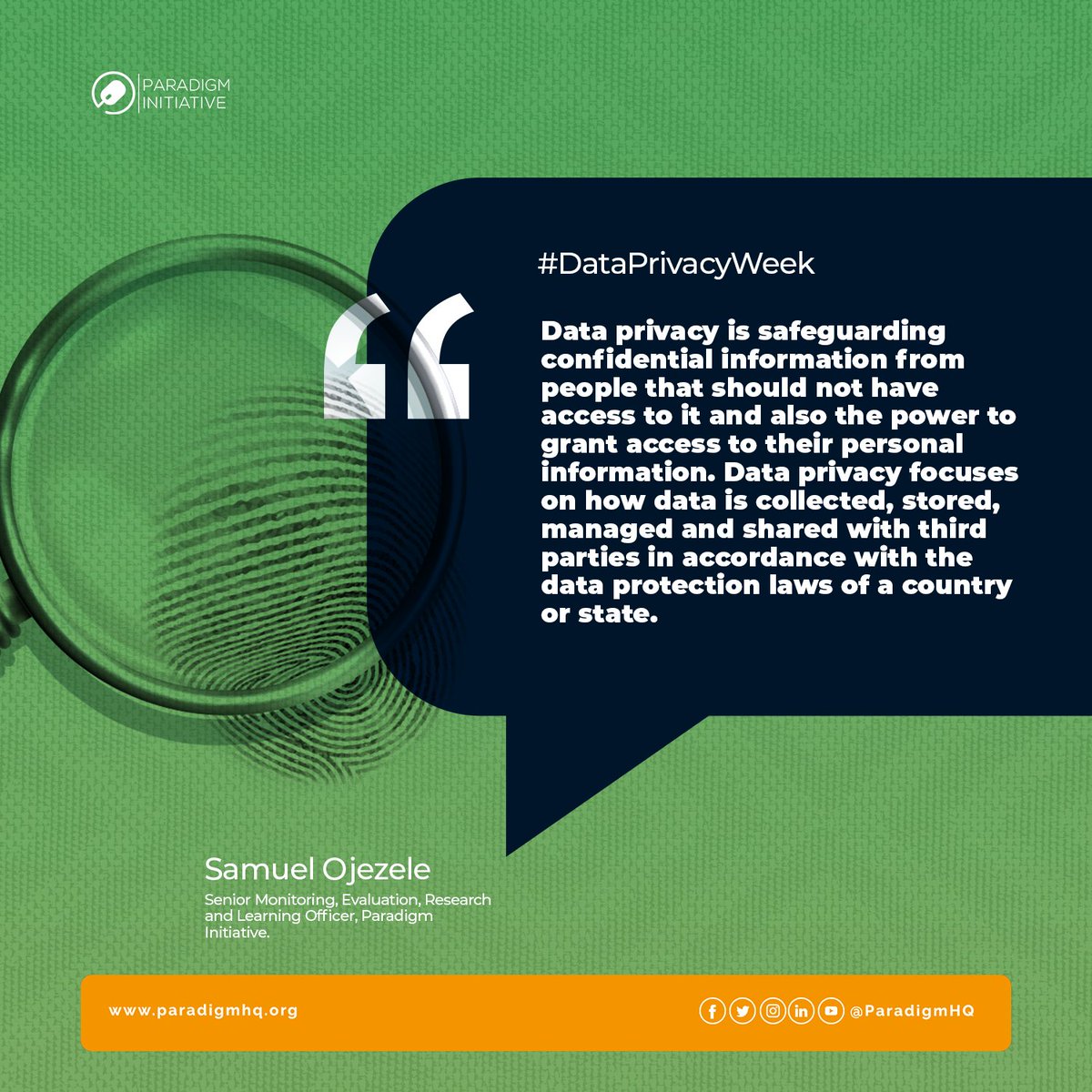 What does #DataPrivacy mean to you?

Is it safeguarding confidential information or limiting the extent to which your #Data can be accessed?

Below are thoughts from <a href="/ParadigmHQ/">Paradigm Initiative (PIN)</a>'s team members <a href="/meenaxx34/">Amina Ibrahim Idris</a> &amp; <a href="/SamuelOjezele/">Samuel Ojezele</a>