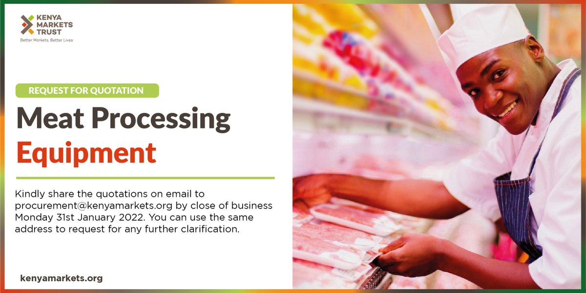 KenyaMarkets's tweet photo. Kenya Markets Trust (KMT) seeks to procure meat processing equipment for training/coaching.
More details on the RFQ are available on our website.
https://t.co/zpJaPMyBlu
Share widely.
#BetterMarketsKe #KenyaMarkets #livestock #Meat #CompetitiveMeatProcessing https://t.co/0ueOLPyd6F