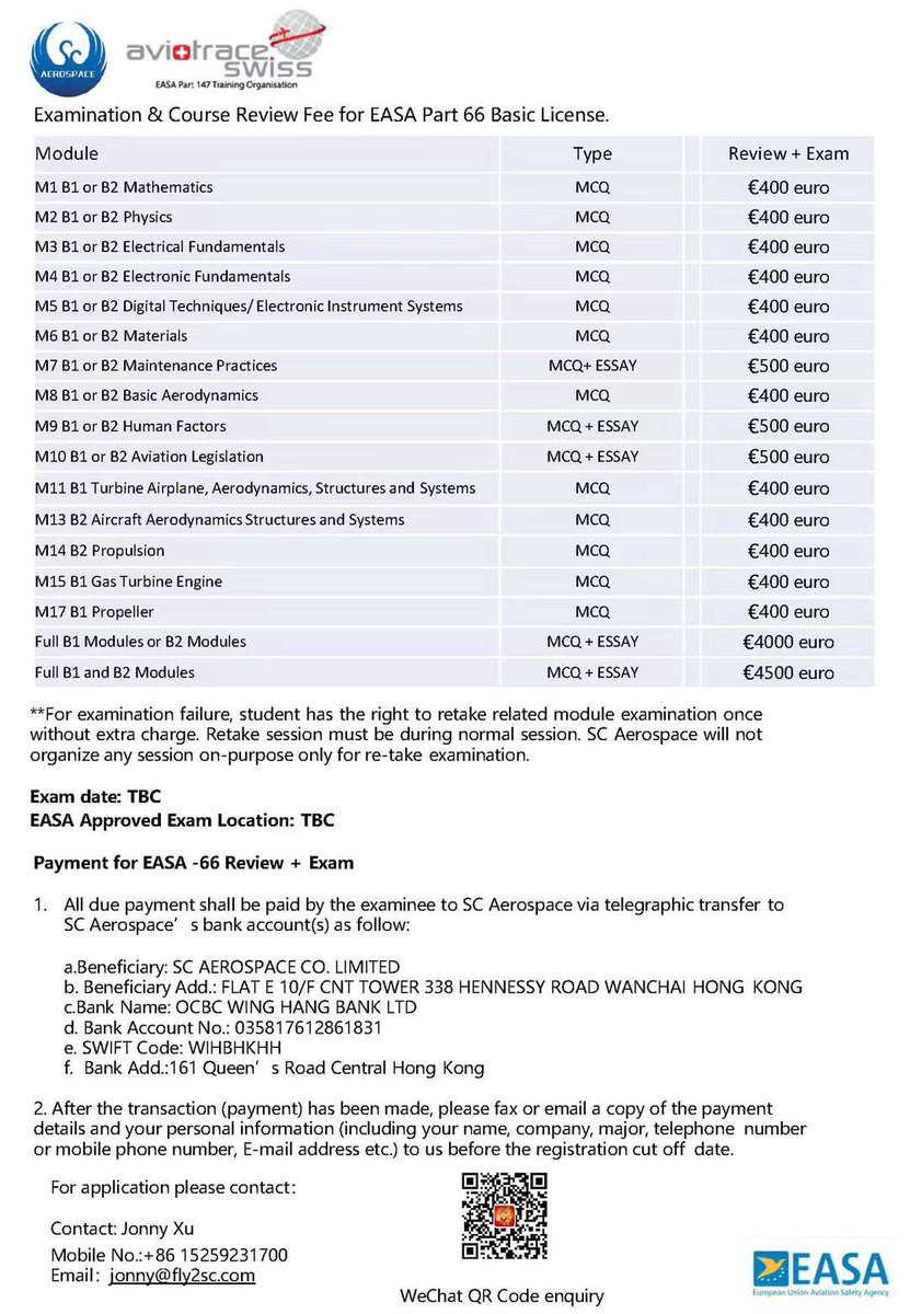 EASA part 66 training &amp; examination schedule 

Online review data:12th Feb-26th Feb
Exam date:1st Mar(Hong Kong )
          19th Mar(Singapore)

Seats Available.
Interested Candidates Contact Through
Email: jonny@fly2sc.com 
WhatsApp: +8615259231700
#aircraft #licensed engineer