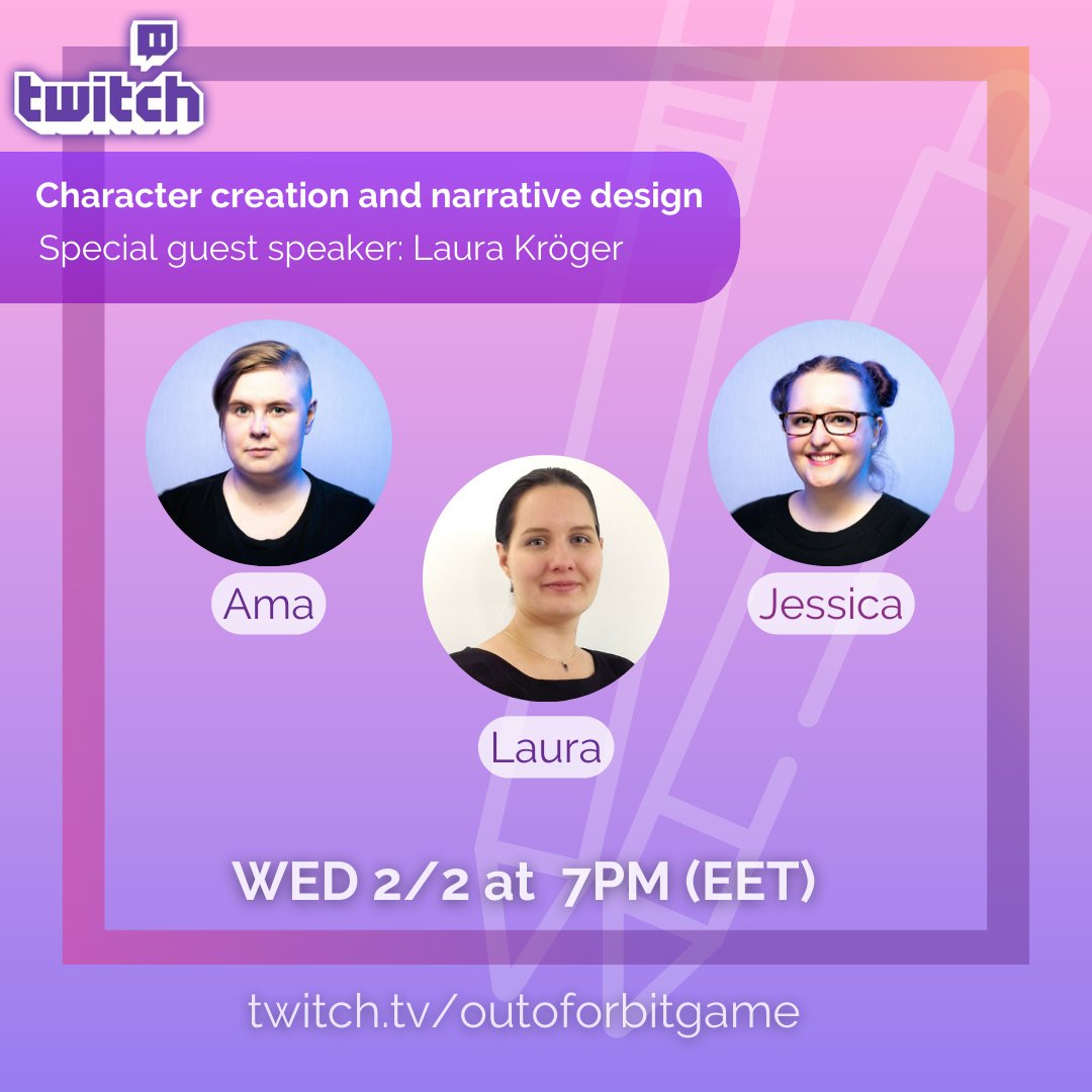 beyondplayfi's tweet photo. Join the Beyond Play gang on Wednesday next week for another interesting stream at 7PM (EET). Ama and Jessica talk about character creation and narrative design with a special guest speaker, Laura Kröger! 
#twitch #stream #streaming #gamedesign #narrativedesign #charactercreation https://t.co/TApQpx1gt4