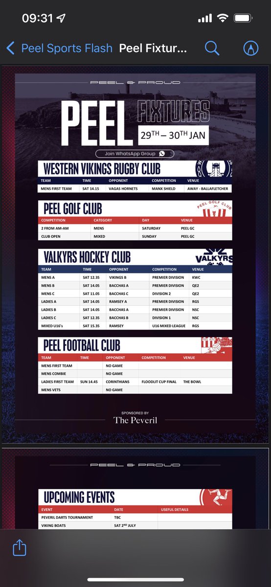 ValkyrsHC's tweet photo. This weekends fixtures and events for @Vikings_RUFC @PeelAFC @PeelGolfClub Also some new player of the month awards to be announced after from each club, Kindly sponsored by The Peveril. https://t.co/RATMZnilUR