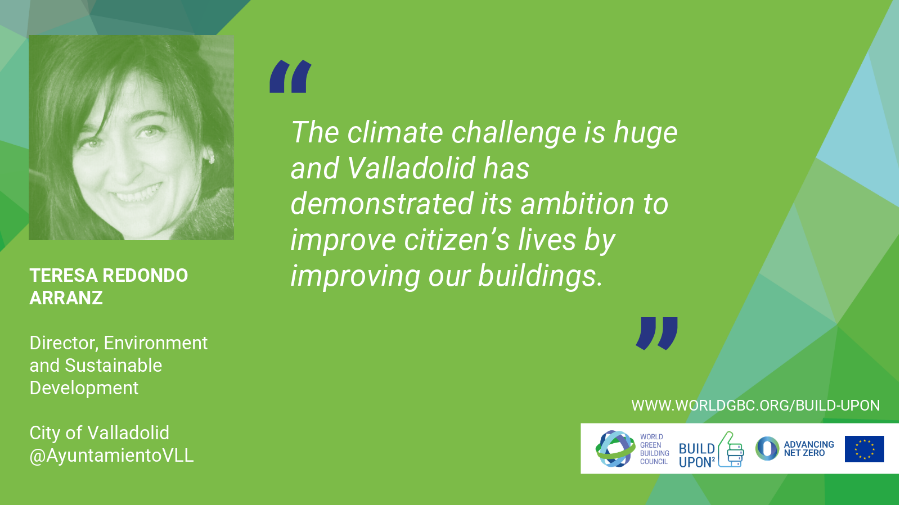 WorldGBC_Europe's tweet photo. Are you committed to decarbonising your building stock? The city of Valladolid is and has worked with @GBCEs in our #BUILDUPON 2 programme to get it done.
In 2019 they became a signatory of the Net Zero Carbon Buildings Commitment: https://t.co/Vdmkl1vcz4
#AdvancingNetZero https://t.co/7LZXfKaM92