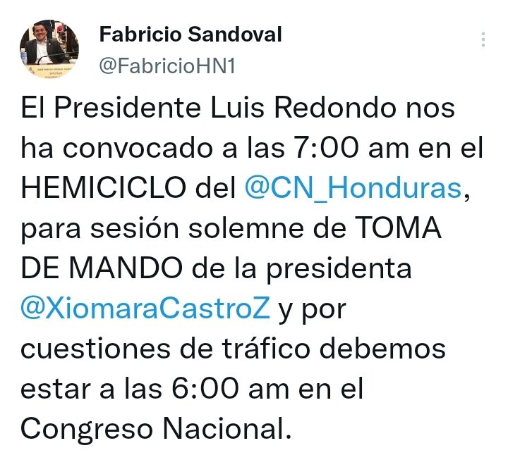 HCHTelevDigital's tweet photo. #HCHNoticias | El diputado de Libre, Fabricio Sandoval informa que a las 7:00 AM inicia sesión en el Congreso Nacional para la toma de mando de #XiomaraCastro https://t.co/QQPR1jZz2b