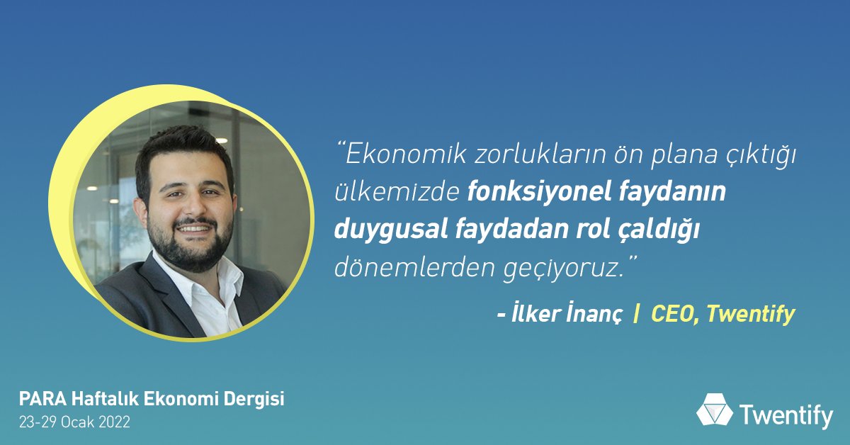 TwentifyTR's tweet image. @ParaDergisi, bu haftaki sayısında 2022’de öne çıkacak pazarlama trendlerine yer verdi.📑
 
Dergiye demeç veren CEO’muz İlker İnanç; fonksiyonel faydanın duygusal faydadan rol çaldığı bu dönemde, daha etkin bir pazarlamaya olan ihtiyacı vurguladı.✍🏼

#Twentify #DecodeHumanMoments
