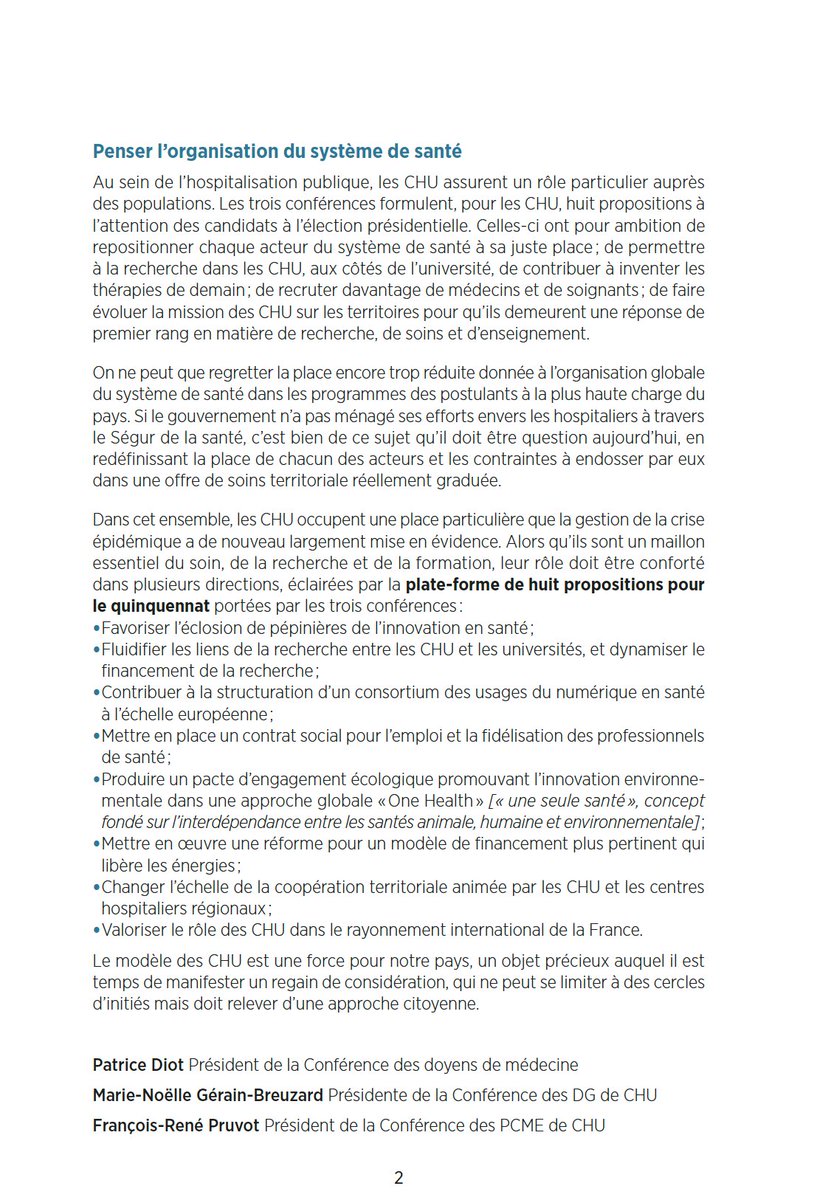 🖊️Tribune dans le Monde du 27/01/22 associant les 3 Conférences, <a href="/DG_CHRU/">Directeurs généraux de CHRU</a> <a href="/confcmechu/">confcmechu</a> <a href="/ConfDoyensMed/">Conférence nationale des Doyens de médecine</a> exposant les 8 propositions qui seront adressées aux candidats à l'élection présidentielle. Le modèle des CHU est une force et doit être fortement considéré dans les futurs débats