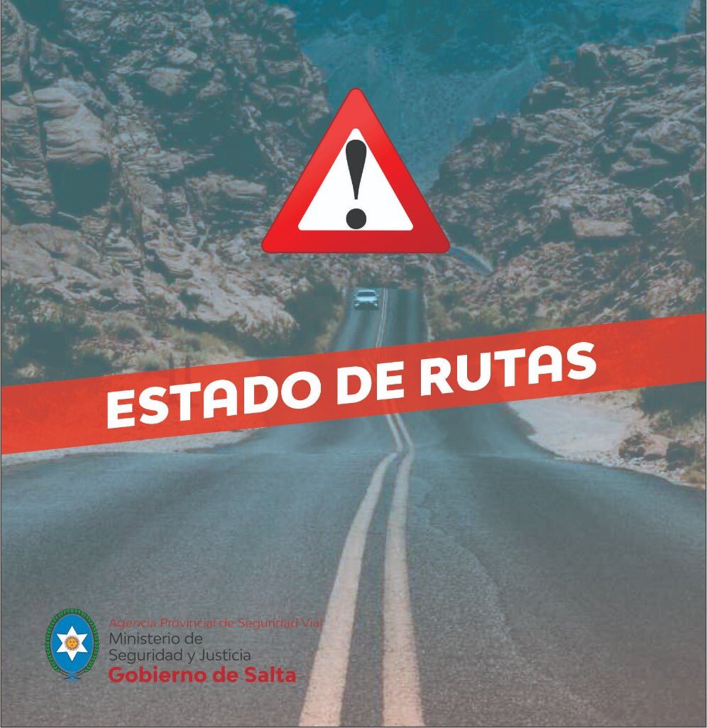 ⚠️ ATENCIÓN
Estado de #rutas en #Salta
Se encuentran transitables con mucha ⚠️ precaución por calzada mojada ✋
#RN68 Habilitada - 📍kmts 139 a 175 con agua acumulada en calzada y banquina
#RP10 habilitada solo para vehículos livianos🚙🛵
#RP18 sólo vehículos 4x4🚐

#APSV #Salta