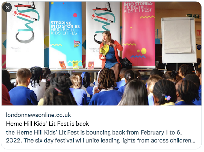 'HERNE HILL KIDS LIT FEST IS BACK' - yes it is! Tickets  going like hotcakes

1-6 Feb, #HerneHill. Multi-award winning speakers. #Events for #Children #teens &amp; adults. Concessions available

Book today: stationhallhernehill.org/stepping-into-…

londonnewsonline.co.uk/herne-hill-kid… <a href="/SthLondonPress/">South London Press</a> #books