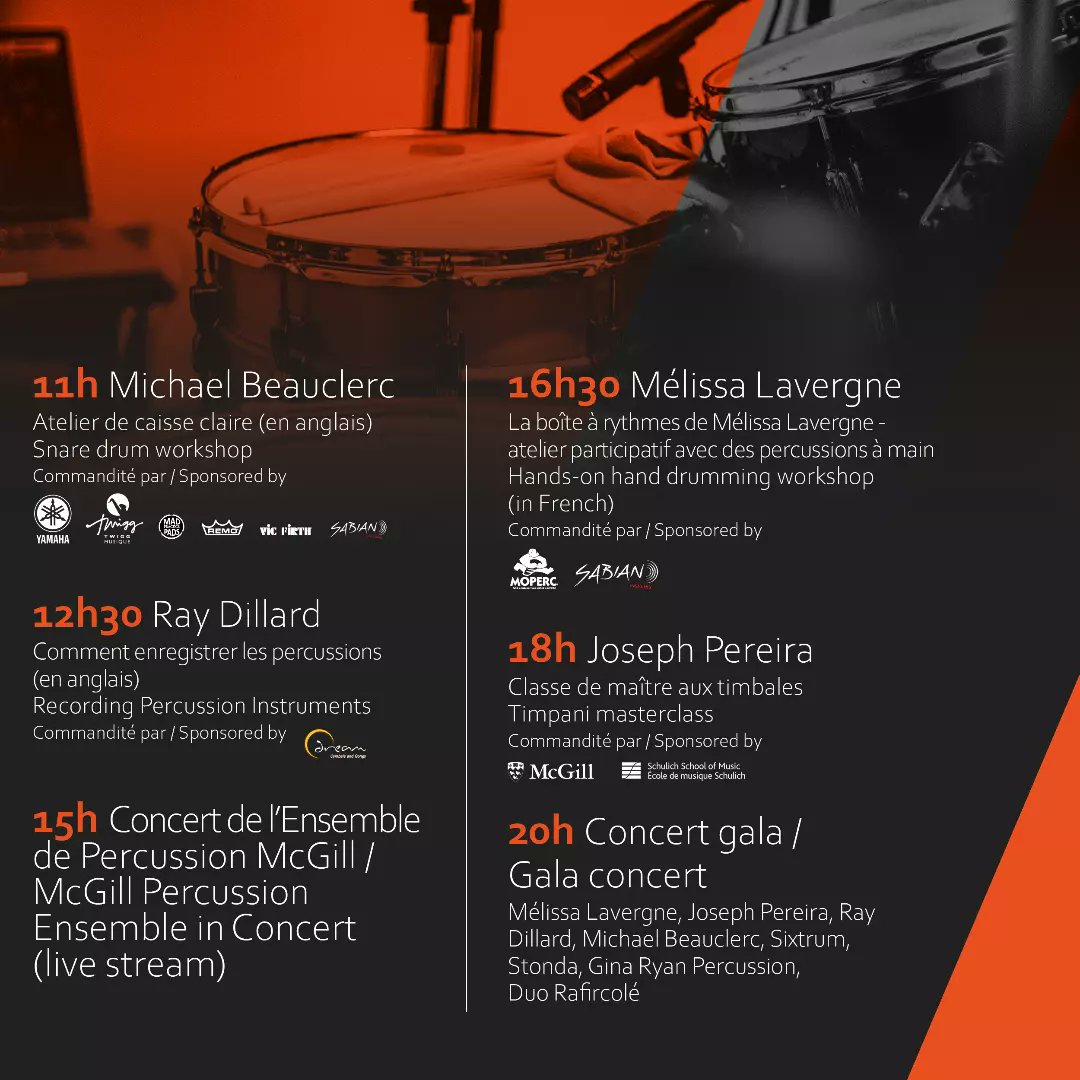 PASQuebec's tweet photo. L'horaire complet! Here's the full schedule!

https://t.co/7isXx7QVoe

@PercussiveArts @schulichmusic #dayofpercussion #journéedelapercussion https://t.co/oDlQupxI6x