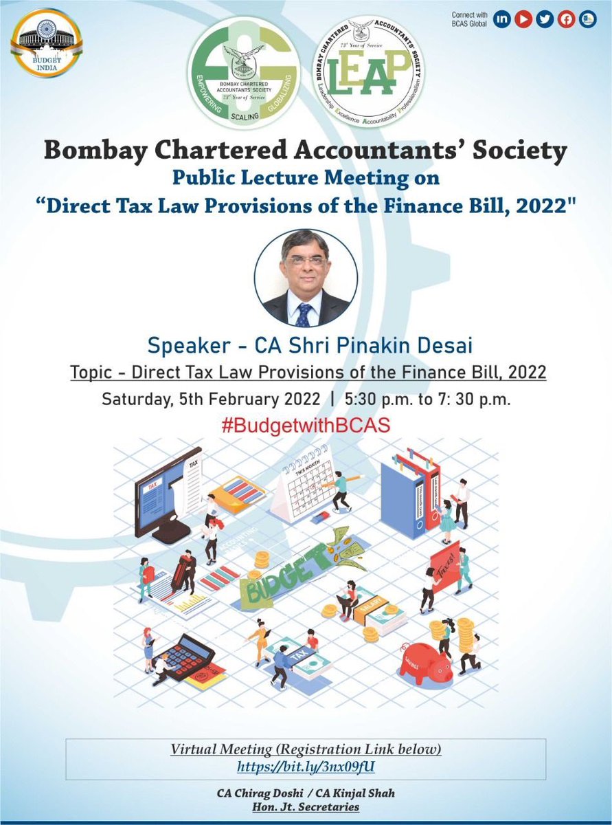 bcasglobal's tweet photo. #BudgetwithBCAS

BCAS announces the Public Lecture Meeting” on ‘Direct Tax Provisions of the Finance Bill, 2022' by CA Shri Pinakin Desai.

Details: https://t.co/CUwtRCS1t3 
Registration: https://t.co/G2h9ie2FXk 
 
#BlockYourDates #finance #tax #ca #BCASInitiative #lecturemeeting https://t.co/DVW9Gof110