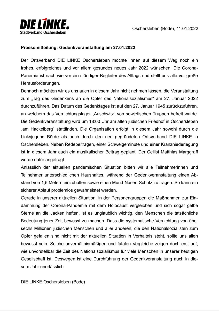 #HolocaustMemorialDay
Anlässlich des internationalen Gedenktages an die Opfer des Holocausts werden wir unter der Organisation unseres neu gegründeten Ortsverbandes sowie der #LinksjugendBörde die Gedenkveranstaltung in #Oschersleben durchführen. Alles weitere im Text: