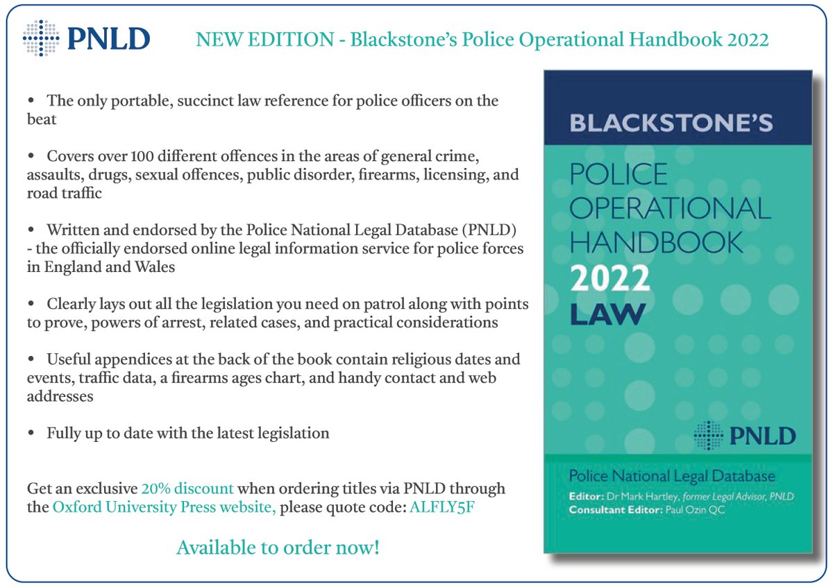 PNLD (@thepnld) on Twitter photo đź“— Have you picked up your copy of our <a href="/BStonesPolice/">Blackstone's Police</a> Police Operational Handbook 2022 yet!
The only portable, succinct law reference for police officers on the beat.
🔗 Use discount code 'ALFLY5F' for 20% off: global.oup.com/academic/produ… 📗 Have you picked up your copy of our <a href="/BStonesPolice/">Blackstone's Police</a> Police Operational Handbook 2022 yet!
The only portable, succinct law reference for police officers on the beat.
🔗 Use discount code 'ALFLY5F' for 20% off: global.oup.com/academic/produ…