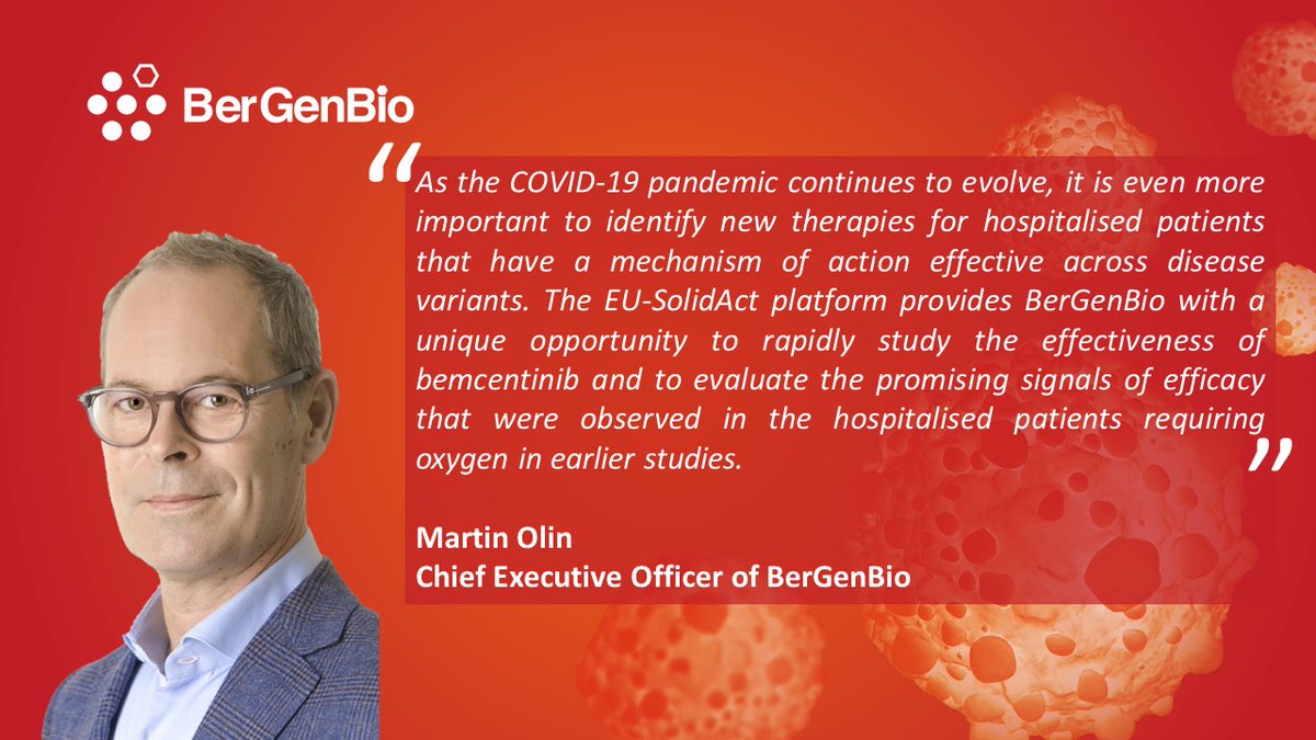 BerGenBio (@bgenbio) on Twitter photo We’re pleased to announce that our lead candidate, #bemcentinib, has been selected for inclusion in a pan-European research project exploring potential treatments for hospitalised COVID-19 patients, the <a href="/EU_SolidAct/">EU-SolidAct</a> trial.
Read the release here: bergenbio.com/investors/stoc…
#AXL We’re pleased to announce that our lead candidate, #bemcentinib, has been selected for inclusion in a pan-European research project exploring potential treatments for hospitalised COVID-19 patients, the <a href="/EU_SolidAct/">EU-SolidAct</a> trial.
Read the release here: bergenbio.com/investors/stoc…
#AXL