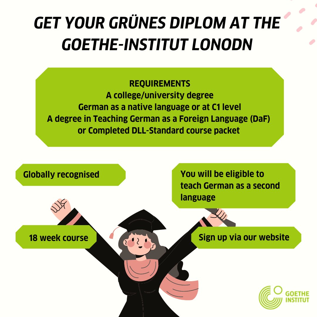 GI_London1's tweet photo. Are you interested in #TeachingGerman? Sign up for our 'Grünes Diplom'! We offer an 18-week course for a globally standardised qualification for #Teachers of #German as a foreign language at Goethe-Institut.
Follow the link to our website for more info⬇️
https://t.co/hQDn1o5F3I https://t.co/Ej4Z7yjZ19