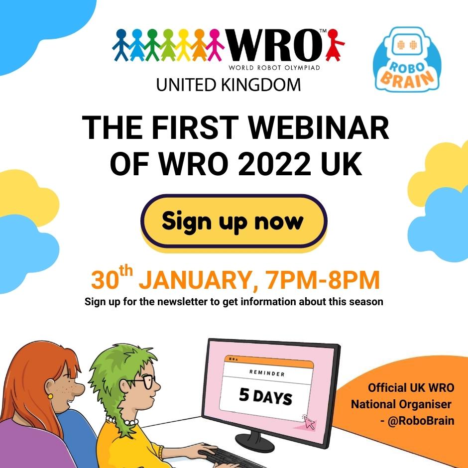 RoboBrainUK's tweet photo. Official UK WRO National Organiser has called you for the first webinar of the season!Click the link to register directly! Sign up for Newsletter to get information about the competition.
https://t.co/NAQUq3boAS
#wro #olympiad #robotics #competition https://t.co/LRabrBFuCH