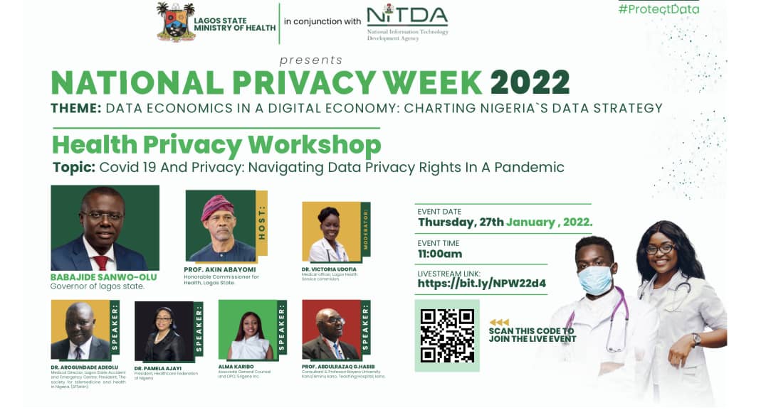 LSMOH's tweet photo. Join us live now for the Health Privacy Workshop to commemorate #DataPrivacyWeek2022 in Lagos State.
Topic: 'COVID-19 & Privacy: Navigating Data Privacy Rights in a Pandemic'
Webinar link: https://t.co/7ljUr3EiCA
@followlasg @NITDANigeria @Mr_JAGs @Oreoluwa_Finnih
@thetundeajayi https://t.co/8TEn79S4bg