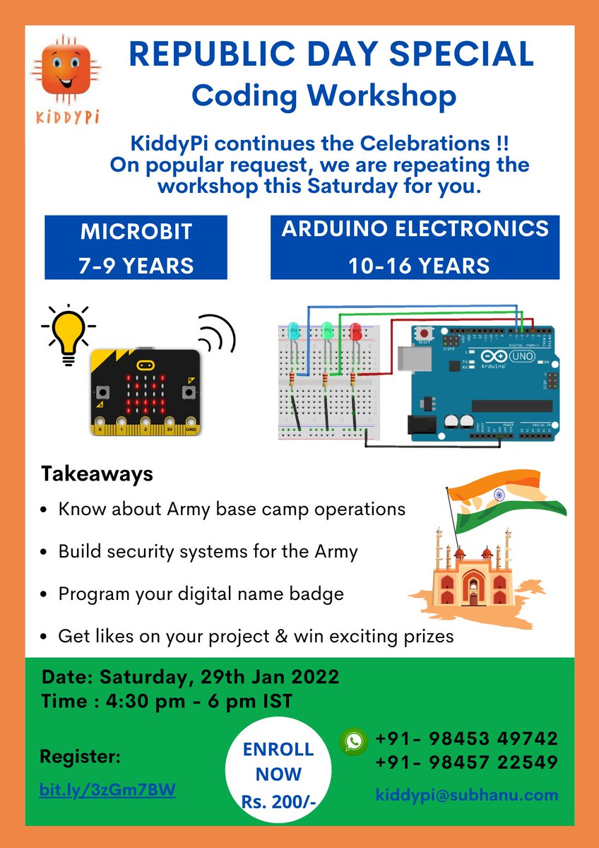 kiddypi1's tweet image. KiddyPi Continues the Celebrations!!
Republic Day 2022
On popular request, We are repeating the workshop this Saturday for you.
Saturday | 29th Jan 2022
4:30 PM to 6:00 PM IST
Fees: Rs.200 only.
We have limited seats
Hurry up and register!
bit.ly/3zGm7BW