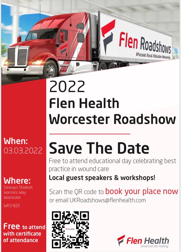 Sam_flenhealth's tweet image. Flen Health’s Roadshow is coming to Worcestershire Sixway Stadium, “Save the date: 3rd March 2022”        It is free to attend, all-day event with guest speakers, workshops and interactive discussions celebrating best practice in wound care. 
Book your place today! #iamflenhealth