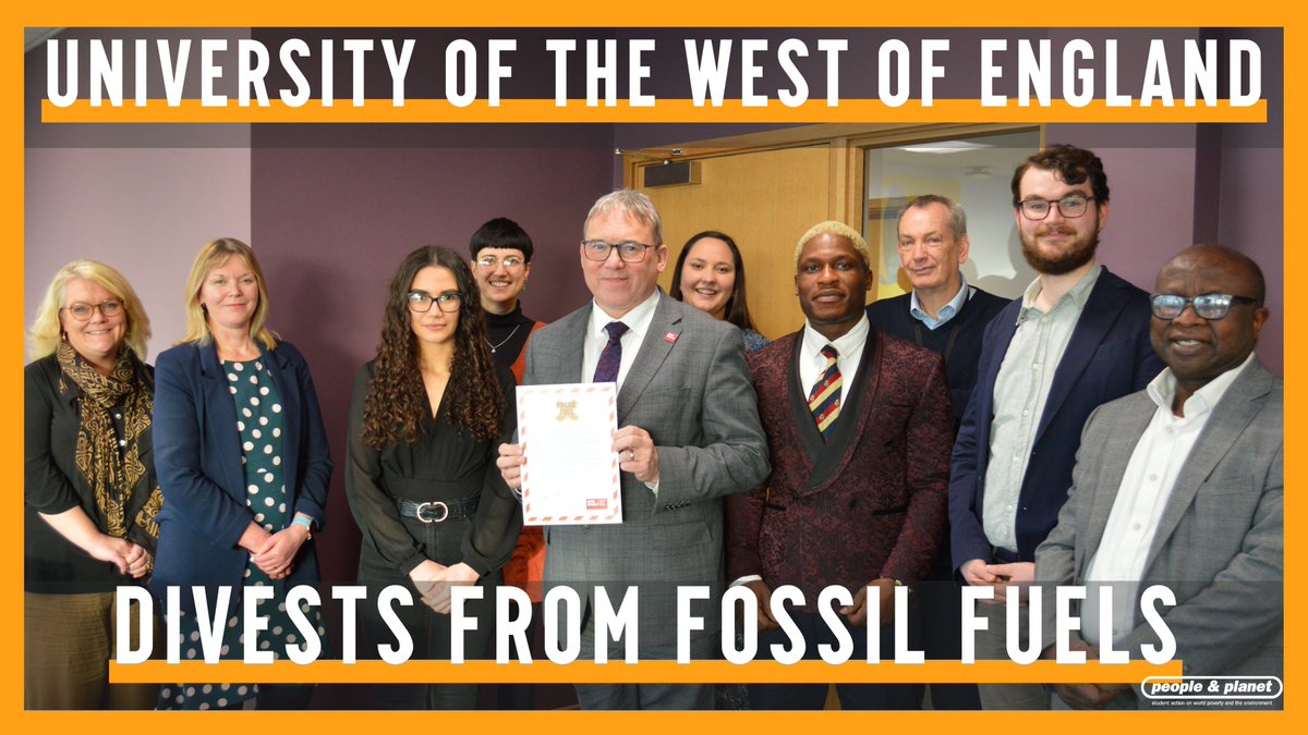 🎉🎉 VICTORY! <a href="/UWEBristol/">UWE Bristol</a> becomes the 93rd UK university to go Fossil Free!

Now <a href="/UWECareers/">UWE Careers</a> must also exclude oil, gas and mining companies from recruitment! 👀

Sign the Fossil Free Careers petition 👉 bit.ly/357Cf4h

Keep us winning 👉 peopleandplanet.org/donate