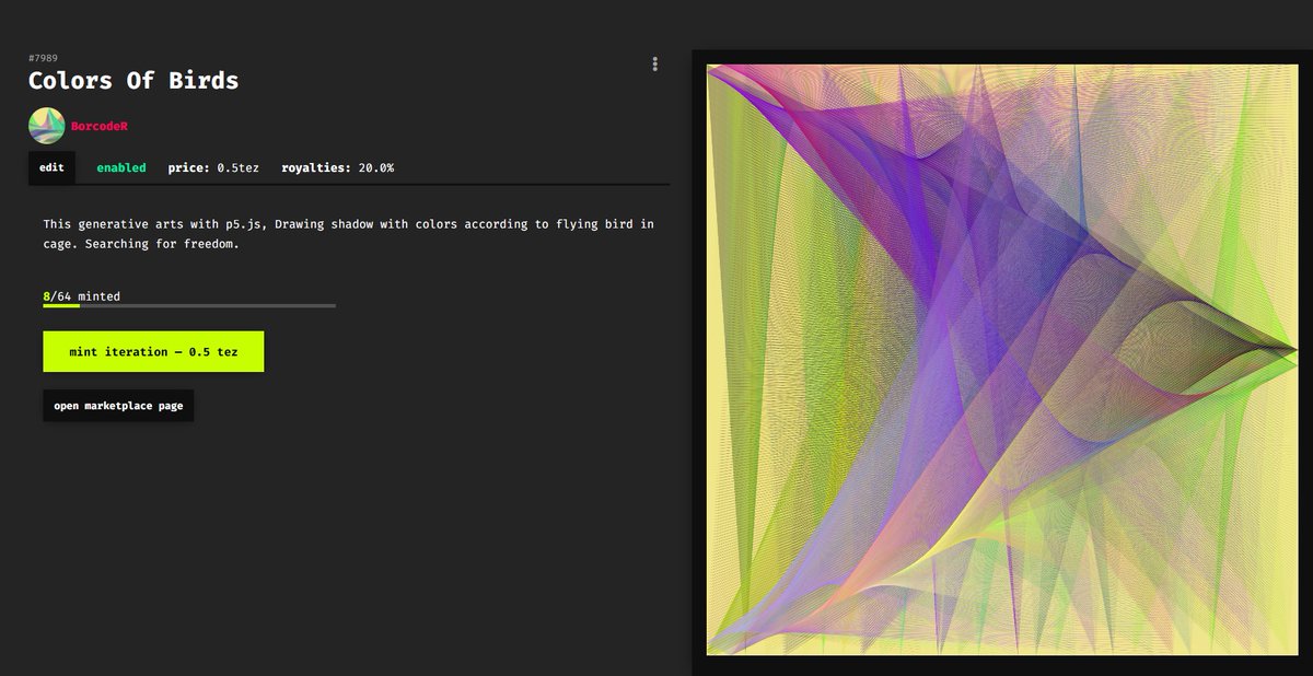 BorcodeR's tweet photo. 'Colors Of Birds' drawing unique colored shadow of flying birds 🦜🦜😍. Coded with p5.js. Minting is alive on fxhash!
@fx_hash_  @Pontifex @ciphrd @NftSizzle @Kaloh_nft https://t.co/iPutXpHyJ6