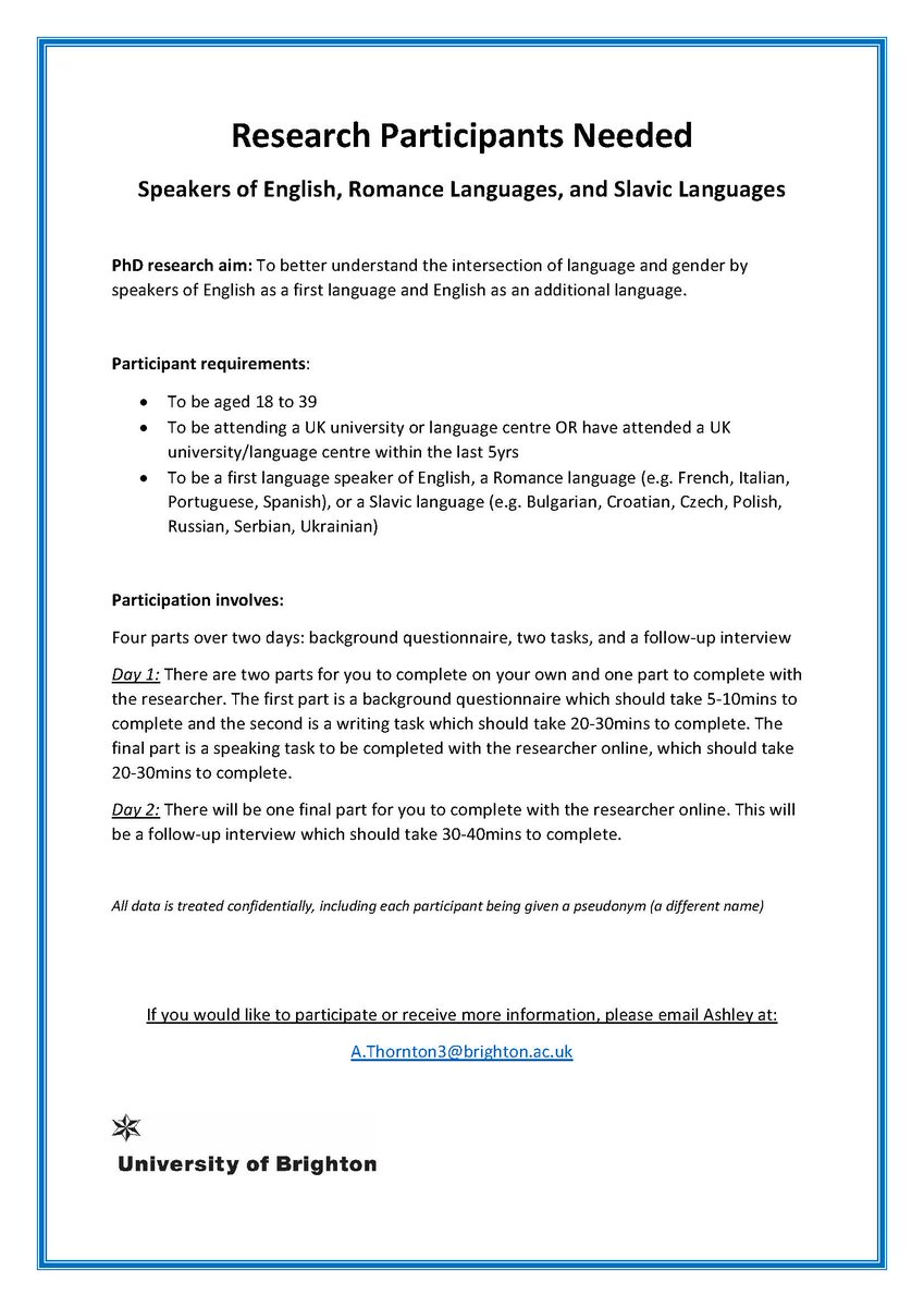 Looking for speakers of ANY Romance language or Slavic language to take part in my study. See the flyer below for more information. 

DM or email for more information or to take part ☺️
#EL2 #ResearchProject