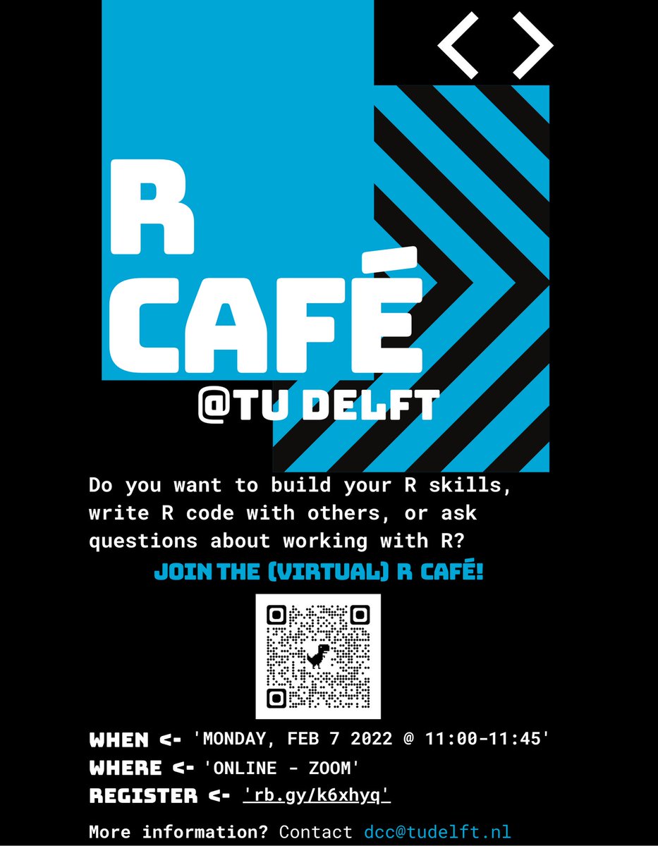 tudelftlibrary's tweet image. Register now to join the DCC R Café on 7 February to improve your R skills. Open to everyone! #statistics #programming #statisticalcomputing #code