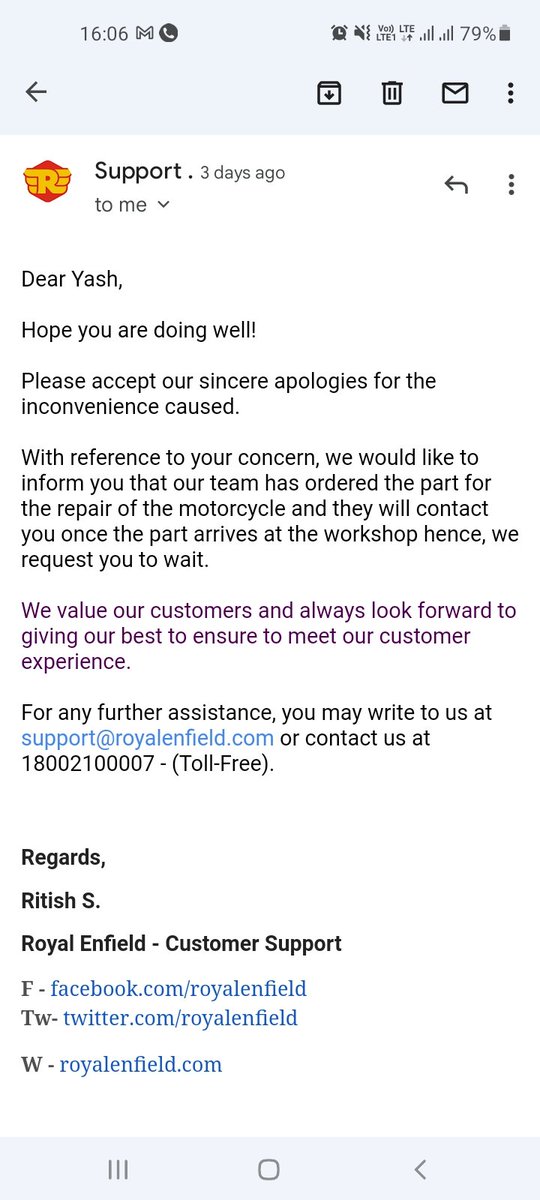 Yash26752965's tweet photo. This is what i got a reply from voyage after being harassed so much and that harassment still continues yet not part is received, also no actions has been taken for just harassment caused @royalenfield https://t.co/KwX3lewYpp