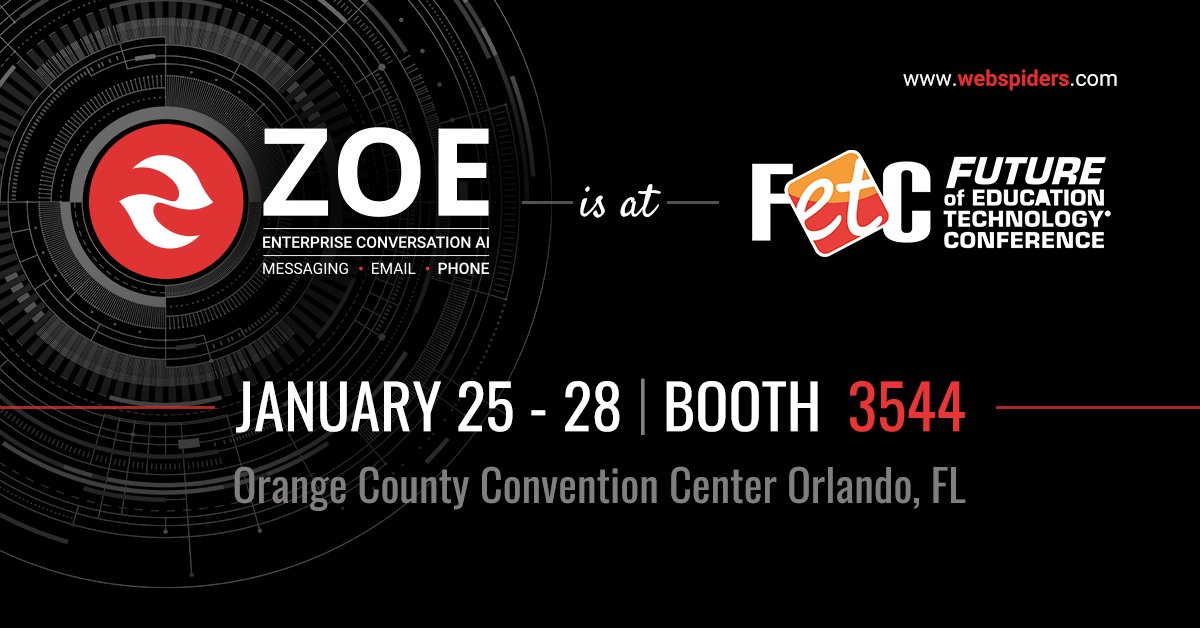 Conversational AI #chatbots have made waves in the education sector, transforming the way students interact with universities.

Meet us @ #FETC2022 to know how ZOE can personalize student engagement at scale, 24/7.

Schedule a demo of ZOE: bit.ly/ZOE-demo

#EdTech #FETC