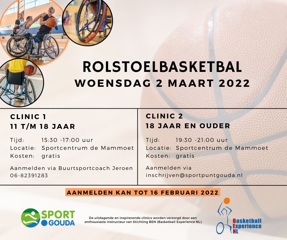 SportpuntGouda's tweet photo. SPORT•GOUDA organiseert inclusieve rolstoelbasketbalclinics met @BasketballExpNL. Iedereen vanaf 11 jaar kan meedoen. Meld je aan! Ook als je niet in een rolstoel zit! 
Lees verder: https://t.co/iN6d4Qlkly

#meedoen #sporten #samen #Gouda https://t.co/ufuQXNEsI5