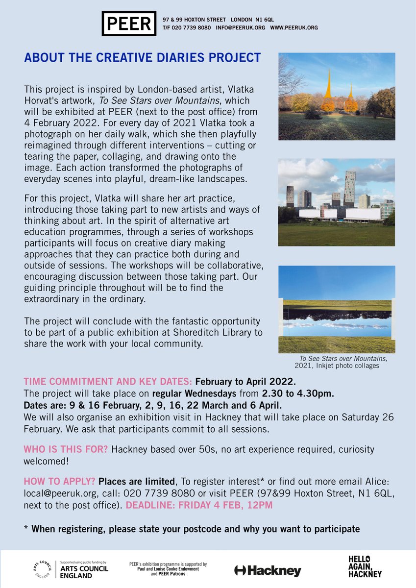 ShoreditchTH's tweet image. #FriendsofSTH
@HelloHoxton are looking for #Hackney residents over 50 to take part in #CreativeDiariesProject with artist
@VlatkaHorvat, feat. workshops &amp;amp; cultural visits exploring collaboration &amp;amp; creative diary making! Find out more: bit.ly/3g1rh2p
#HelloAgainHackney