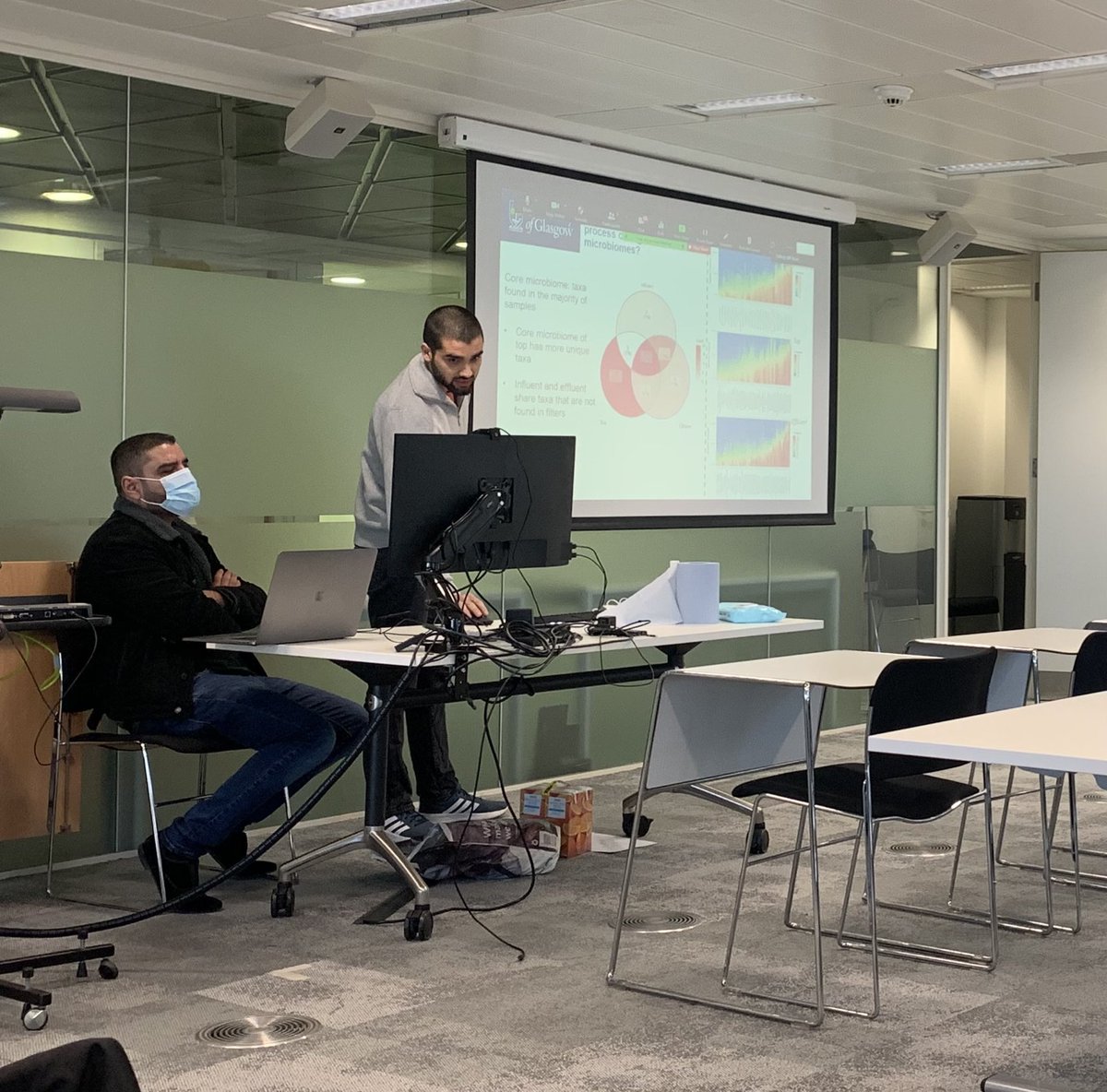 Today the PDRA’s from our @epsrc decentralised water technology project present their research and plans. Here’s ⁦<a href="/fabien_cholet/">FabienCholet</a>⁩ and ⁦<a href="/A_Kostrytsia/">Anastasiia Kostrytsia</a>⁩ in action on drinking water biofiltration ⁦<a href="/UofGWaterEnv/">UofG Water and Environment Research Group</a>⁩