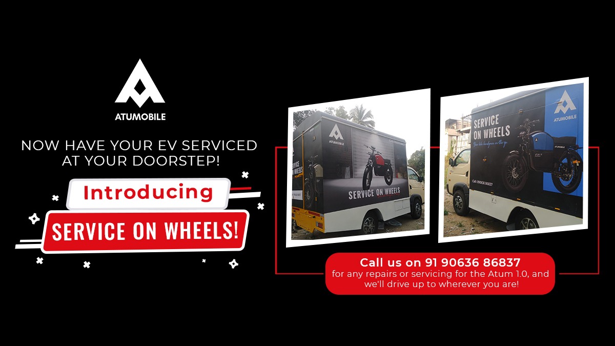 atumobile's tweet photo. No more taking your #bike out for servicing. We’re bringing the service station to you. Introducing #ServiceOnWheels, a hassle-free way to get your Atum 1.0 serviced. Just call 90636 86837 and we’ll be at your service!
Pre-book yours today: https://t.co/GKzcpTfhOu
#GoElectric https://t.co/WvnACJl6x4