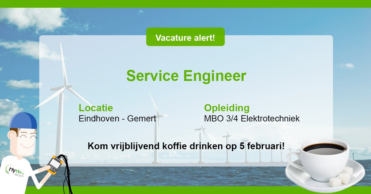 Hey, elektrotechneut! Kom jij ons team versterken? 

Kom vrijblijvend koffie drinken!
Dan laten we je zien wat we doen aan diverse projecten &amp; aan jouw ontwikkeling.

Wanneer? Zaterdag 5 februari
Waar? HyTEPS: Elisabethplaats 30, Gemert

Volledige vacature hyteps.nl/vacature-servi…
