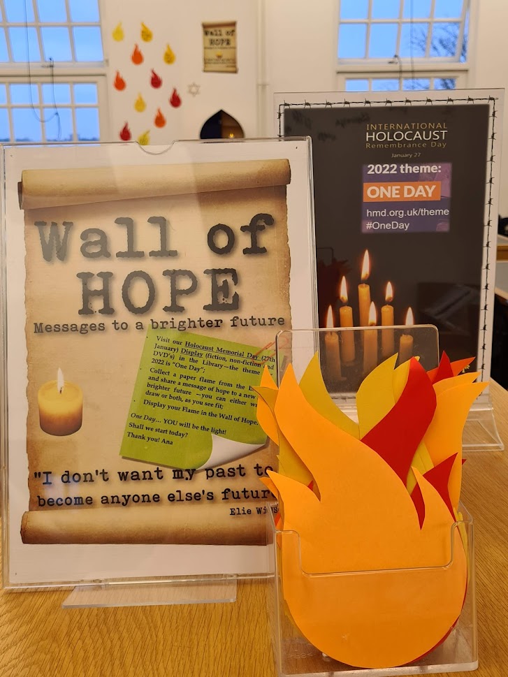 LibraryHbs's tweet image. Holocaust Memorial Day @LibraryHbs 
Display (fiction, non-fiction, DVD&apos;s) and &quot;Wall of Hope&quot;.
&quot;I don&apos;t want my past to become anyone else&apos;s future.&quot; Elie Wiesel @HMD_UK