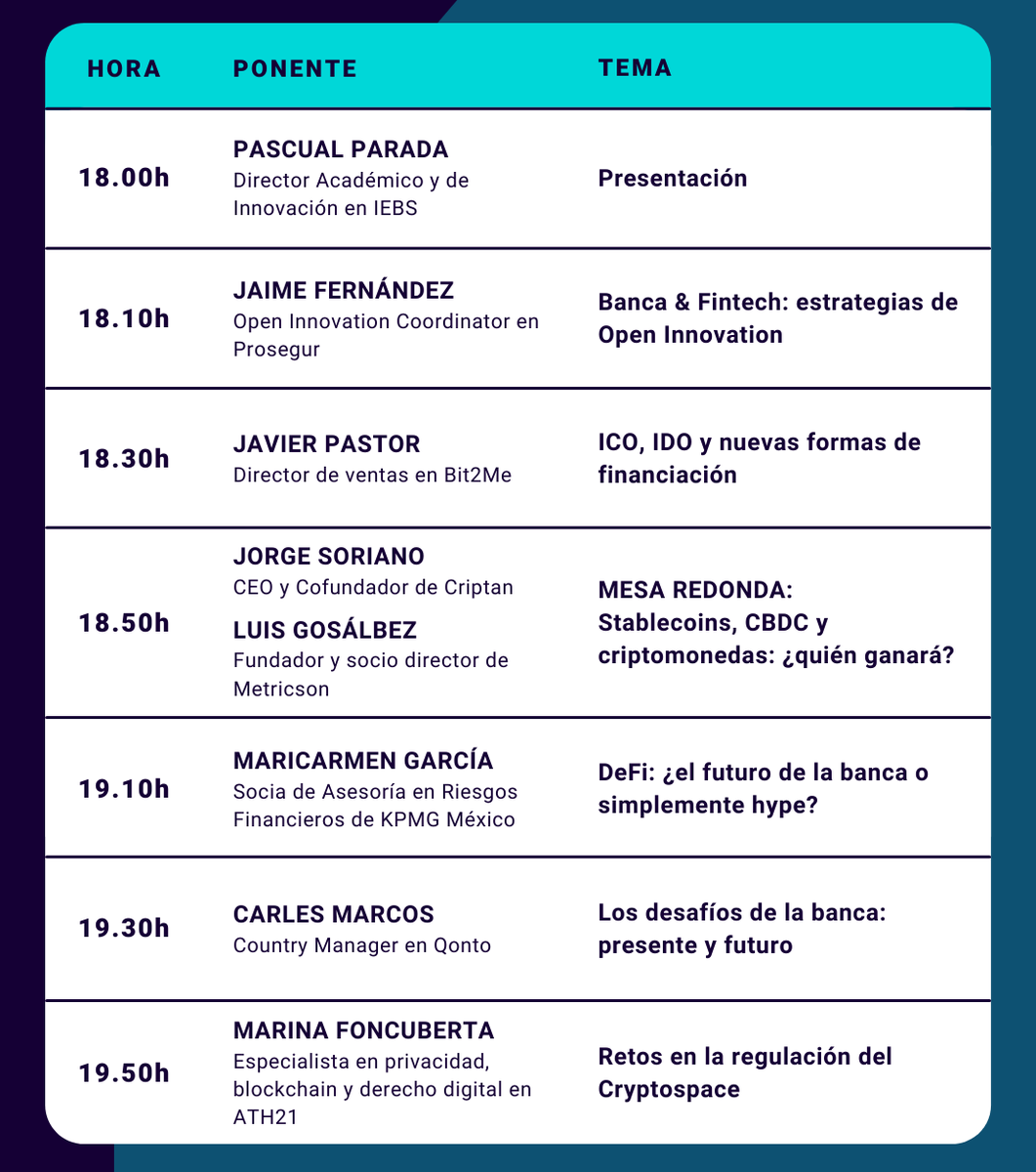 iebschool's tweet photo. ¡Hoy celebramos #BlockchainFintechDay, el evento sobre TECNOLOGÍA FINANCIERA del año! 🚀 Os dejamos la AGENDA de la jornada (horario GMT+1) y os recordamos que aún podéis registraros desde aquí: https://t.co/Gfwhd0pdoK 🗓️ https://t.co/DpERDADeCY