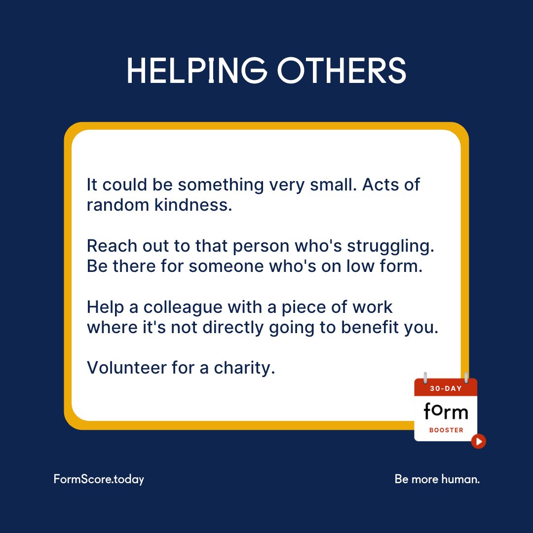 FormScore's tweet image. The triple-ripple effect: if you&apos;re helping a person, they feel good, you feel good for helping them, and this results in a collective societal good. 

Let&apos;s #help lift each other up

🎬 WATCH today&apos;s bite-sized video here:
formscore.today/courses/help

#30dayformbooster #FormScore