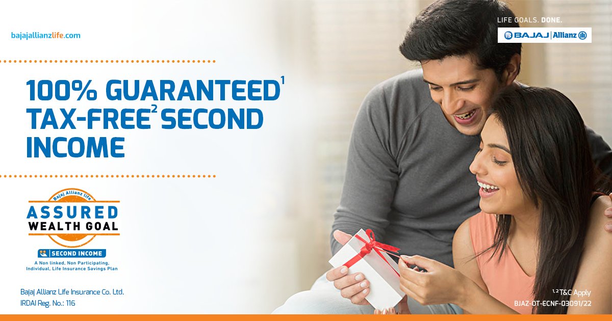 bajajlife_in's tweet photo. Introducing Bajaj Allianz Life Assured Wealth Goal – Second Income. A new plan which gives you guaranteed returns for your #LifeGoals.  Click https://t.co/UTHbc18BJO to know more. 

T&amp;C Apply.

#AssuredWealthGoal #SecondIncome #LifeGoals #LifeGoalsDone https://t.co/EBegR1CwGK