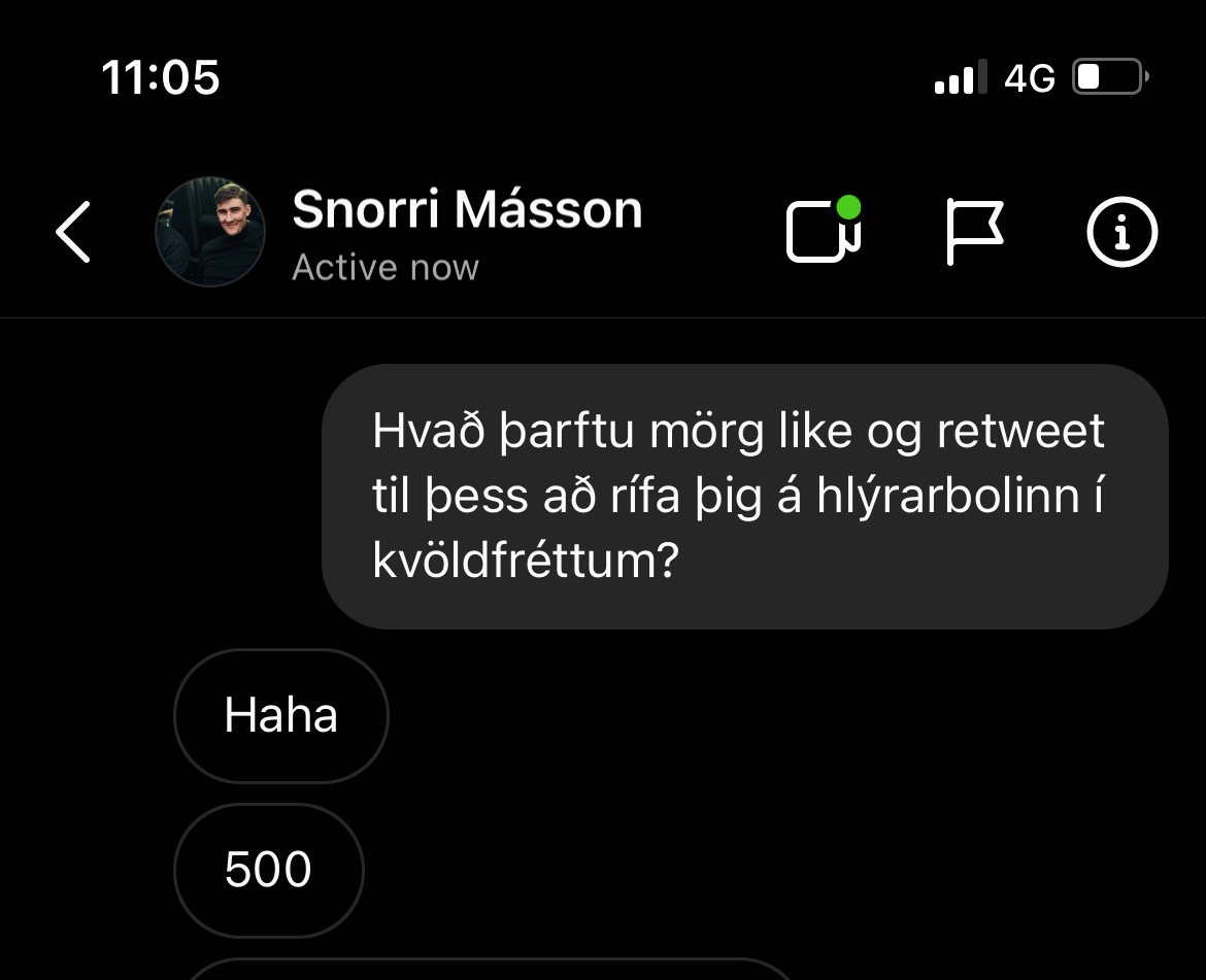 Ég bið ekki um mikið í þessu lífi en nú biðla ég til ykkar um að hjálpa mér að hjálpa okkur. Leggjumst öll á eitt og fáum Snorra Más á hlýrabolinn í kvöldfréttum Stöðvar 2. Fyrirfram þakkir.