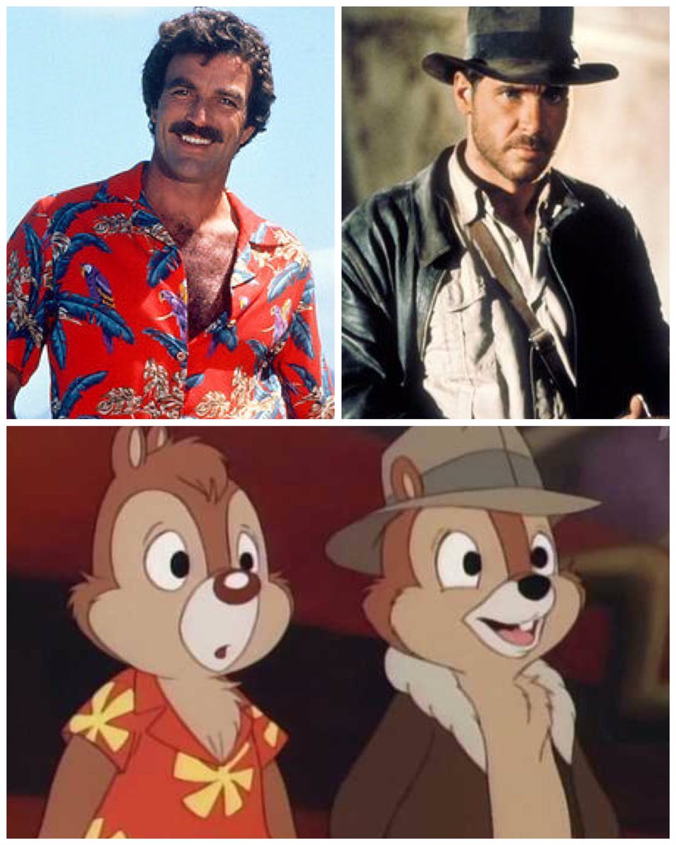 Picture montage. Top left is magnum pi wearing a red hawaiian shirt. Top right is indiana jones in leather coat and hat. Bottom is Chip n Dale Rescue rangers who dress to match the top people!