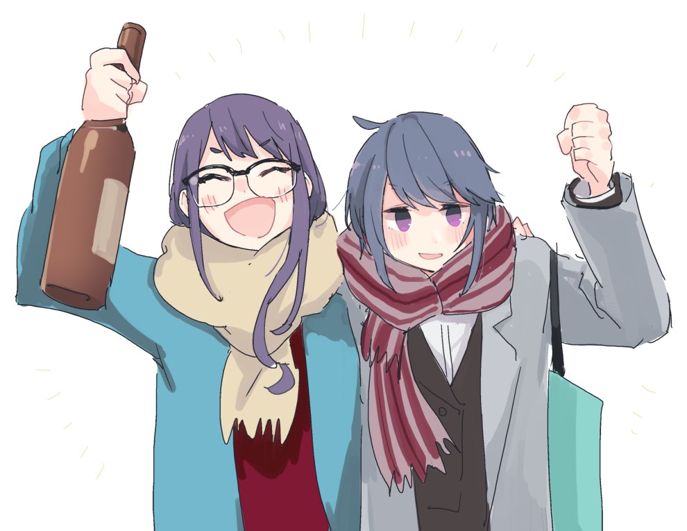 shima rin multiple girls 2girls scarf glasses blue hair bottle white background  illustration images