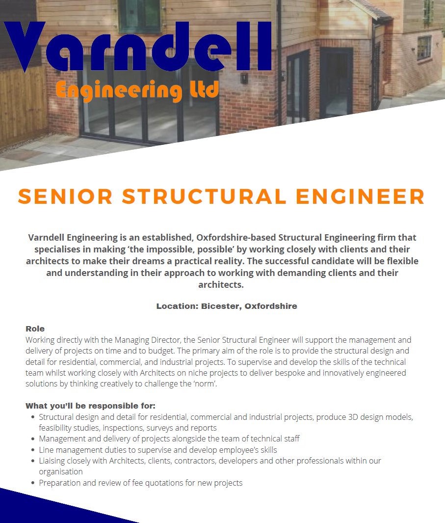 VarndellEng's tweet photo. Varndell Engineering are looking to add a talented and ambitious Structural Engineer to their team based in Bicester, Oxfordshire. To apply, send your CV with a covering letter to recruitment@varndell.engineer 
#vacancy #structuralengineer #jobpost #bicester #oxfordshire #Careers https://t.co/KhaJWIyeXE