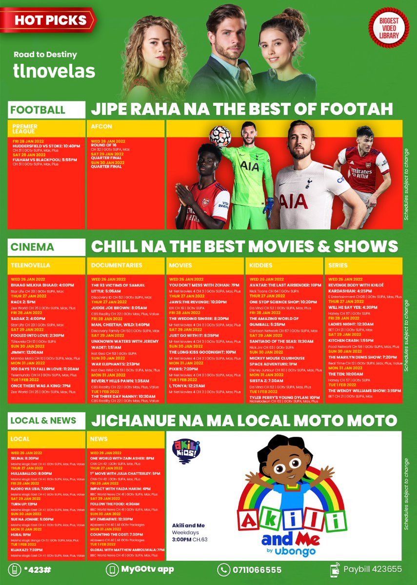 osoroKE's tweet photo. As we approach the weekend, entertain your family and yourself with the best of telenovelas, documentaries, movies, kiddies, local shows as below. Download #MyGOtvApp/ Dial *423# to log in to your account and #UpgradeNaGOtv. Upgrade effective within 48 hrs of payment. Ts&amp;Cs apply https://t.co/e9rBr2g0TF
