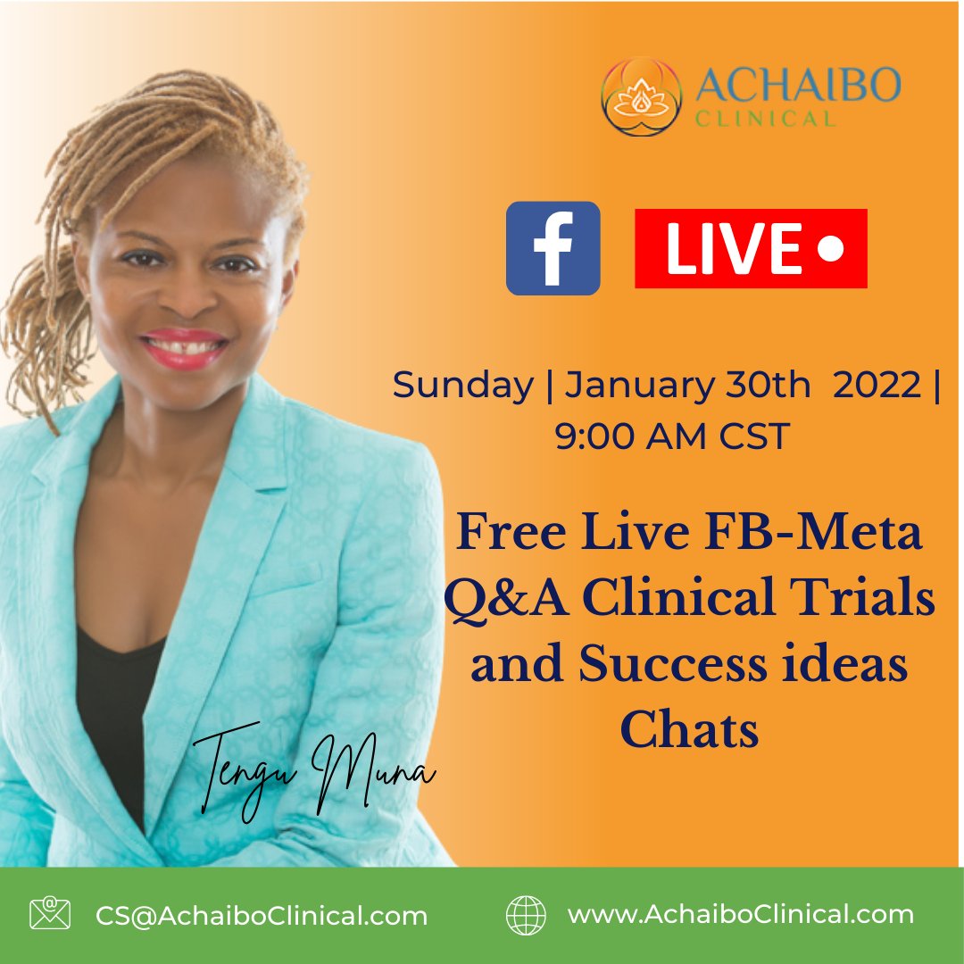 AchaiboClinical's tweet photo. Join our weekly Free Live FB-Meta Q&amp;A #ClinicalTrials and Success ideas Chats on Sunday | January 30th, 2022 | 9:00 AM CST. If you are interested in these topics, we would love to have you. You can attend by joining our Group here:
https://t.co/2KnXvG6dYd
🙂
#clinicalresearch https://t.co/wdt1YQFDJ4